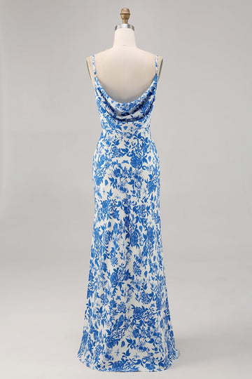 Blue Flower Cowl Neck Mermaid Long Wedding Guest Dress